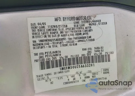 2005 Mercury Sable Gs from USA, damaged, VIN 1MEFM50U25A633291